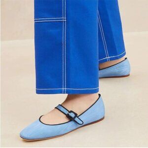 Miss Left Blue Satin Buckle Strap Mary Janes Round Toe Ballet Flats